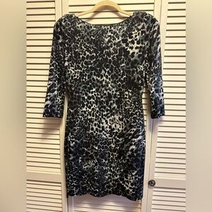 ABS Allen Schwartz Size Small 3/4 Length sleeve, sequin Animal Print Dress.